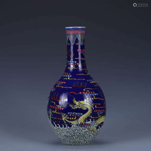 A Blue-Glazed Famille Rose Dragon Bottle Vase