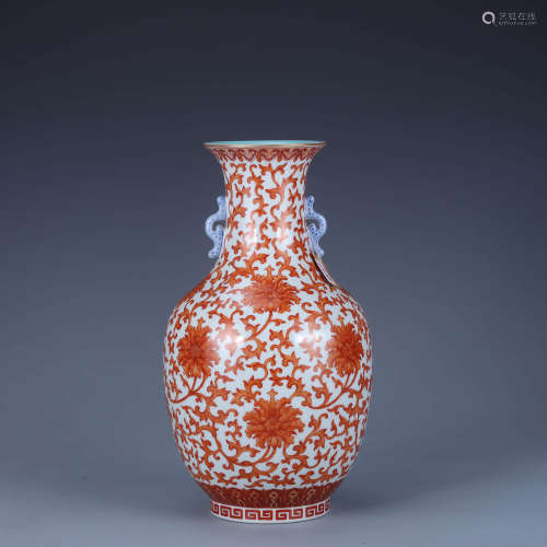 A Gilt-Inlaid Iron-Red Interlocking Lotus Double-Eared Vase