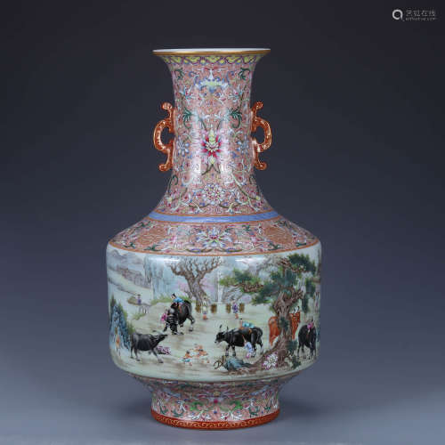 A Famille Rose Ox Double-Eared Vase