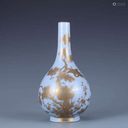 A Golden-Splashed Blue-Ground Pine And Crane Bottle Vase