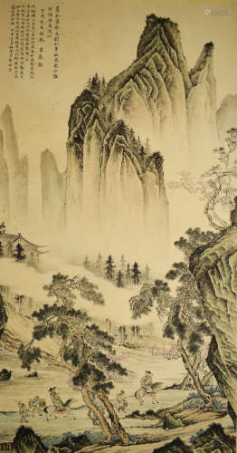 A Chinese Pine And Fountain Painting Scroll, Chen Shaomei Ma...