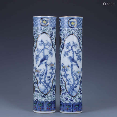 A Pair Of Blue And White Flowers&Birds Sleeve Vases