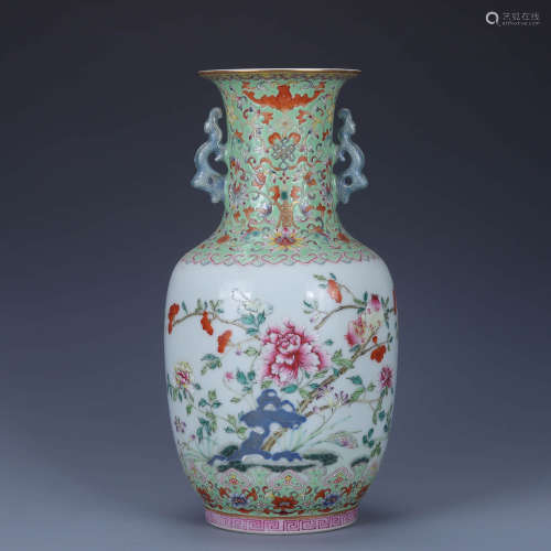 A Turquoise-Ground Floral Double-Eared Vase