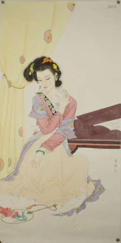 A Chinese Lady Painting Scroll, Peng Lianxi Mark