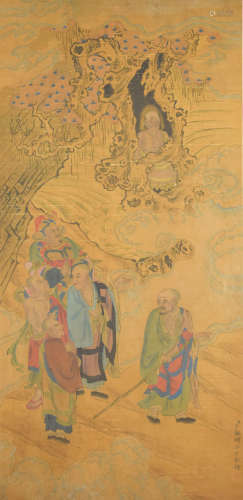 A Chinese Arhats Painting Scroll, Ding Guanpeng Mark