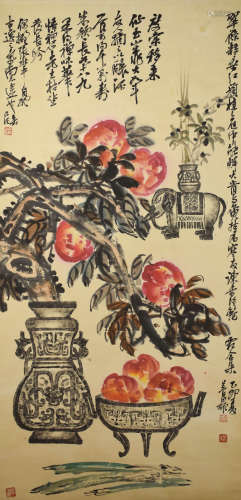 A Chinese Peaches Longevity Painting Scroll, Wu Changshuo Ma...