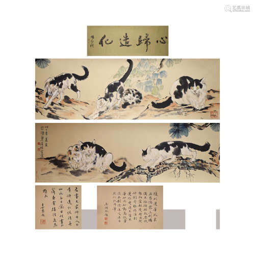 A Chinese Cats Painting And Calligraphy Scroll, Xu Beihong M...