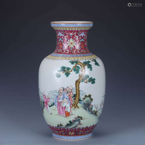A Famille Rose Figure Foliated-Month Vase