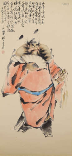 A Chinese Figure Zhongkui Painting Scroll, Liu Jiyou Mark