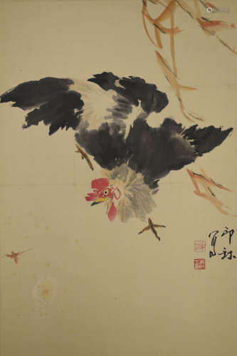 A Chinese Rooster Painting Scroll, Xiao Lang Mark