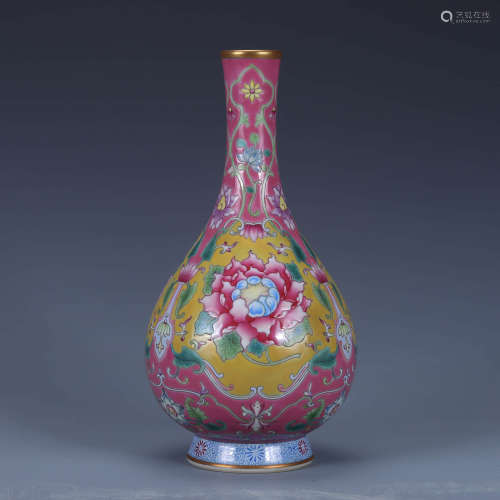 A Rouge-Red Famille Rose Floral Bottle Vase