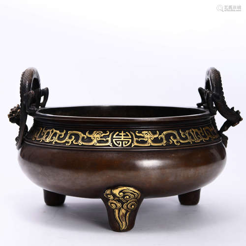 A Gilt-Inlaid Double Dragon-Eared Tripod Censer