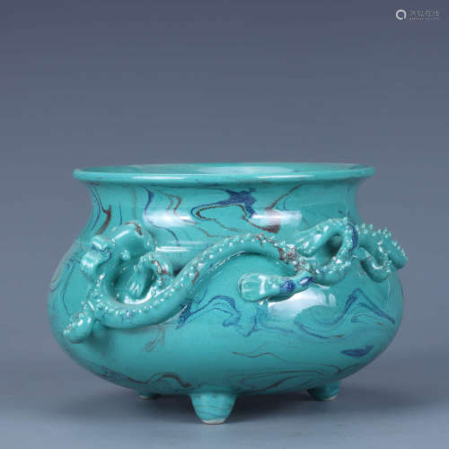 A Turquoise-Glazed Applique Dragon Tripod Censer