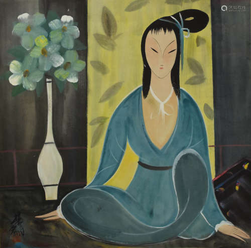 A Chinese Lady Painting Scroll, Lin Fengmian Mark