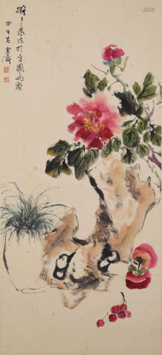 A Chinese Peony Painting Scroll, Wang Xuetao Mark