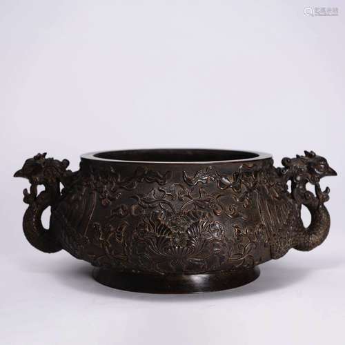 A Bronze Peony Phoenix-Eared Censer