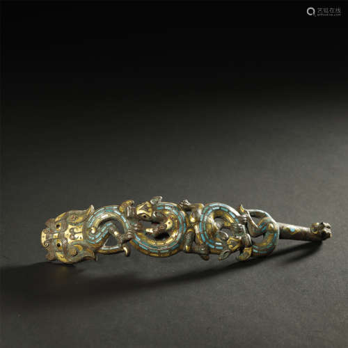 ANCIENT CHINESE,GOLD AND SILVER TURQUOISES-INLAID BRONZE GAR...