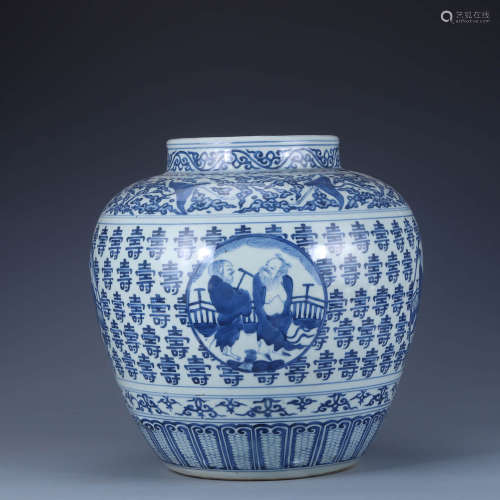 A Blue And White Hundred Shou Figure Jar