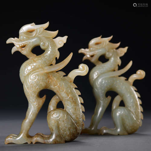 A Pair Of Carved Gray Jade Dragons