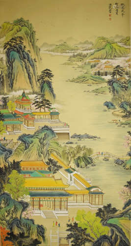 A Chinese Pavilion And Landscape Painting Scroll, He Haixia ...