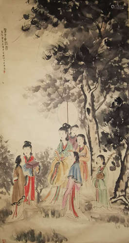 A Chinese Ladies Outing Painting Scroll, Fu Baoshi Mark