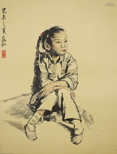 A Chinese Little Girl Painting Scroll, Jiang Zhaohe Mark