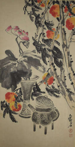 A Chinese Peaches Painting Scroll, Pan Tianshou Mark