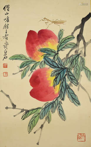 A Chinese Peaches Longevity Painting Scroll, Qi Baishi Mark