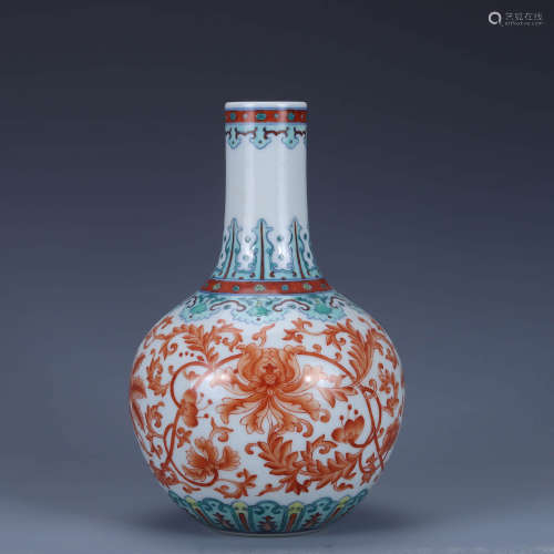 A Doucai Iron-Red Interlocking Lotus Tianqiu Vase