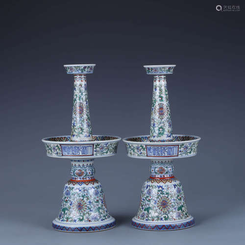 A Pair Of Doucai Interlocking Lotus Candlesticks