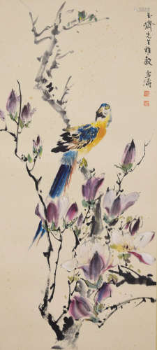 A Chinese Parrot And Magnolia Painting Scroll, Wang Xuetao M...