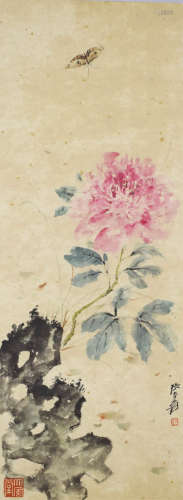 A Chinese Butterfly&Peony Painting Scroll, Zhang Daqian Mark