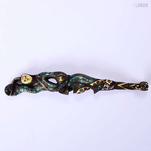 A Turquoise And Gold And Silver Inlaying Dragon Belt Hook