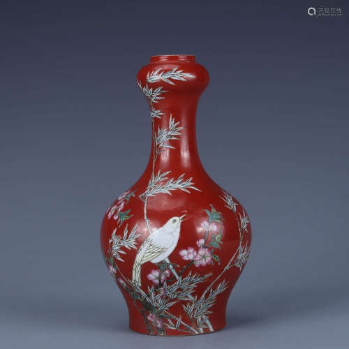 A Coral-Red-Ground Famille Rose Garlic-Head-Shaped Vase