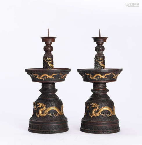 A Pair Of Gilt Bronze Dragons Playing Candlesticks