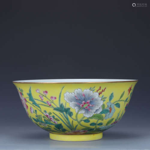 A Yellow-Ground Famille Rose Floral Bowl