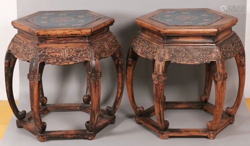 pair of Chinese hardwood stools inlaid w/ cloisonné