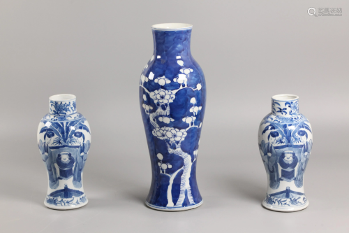 3 Chinese blue & white porcelain vases, possibly 19th