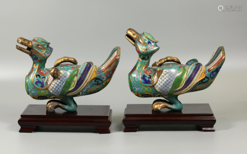 pair of Chinese cloisonnÃ© duck form censers
