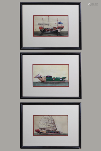 3 Chinese watercolors of ships, possibly 19th c.