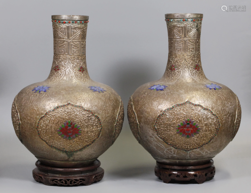 pair of Chinese Mongolian silver vases
