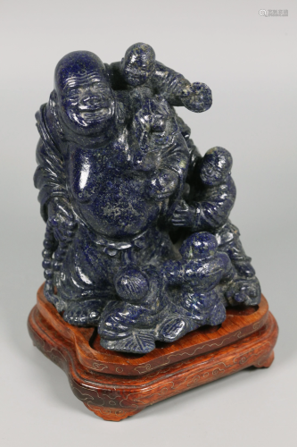 Chinese lapis carving of hotai Buddha w/ children