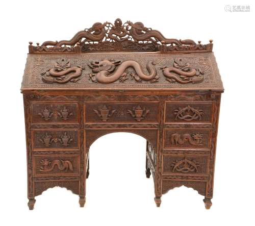 Early 20th century Chinese hardwood bureau, with raised back...