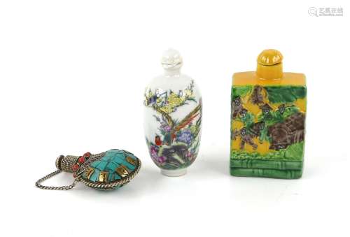 Three Chinese snuff bottles, comprising one famille rose dec...