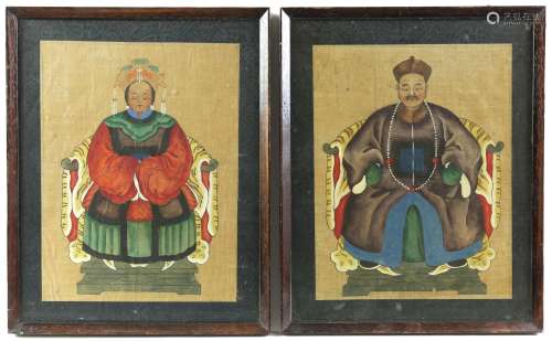 Pair of Chinese ancestor paintings on fabric, the figures se...