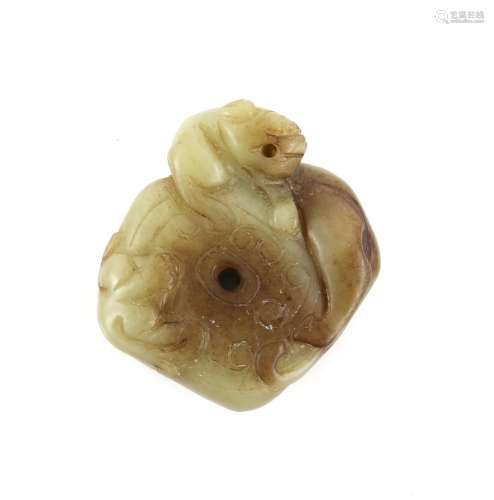 Chinese carved green/brown jade pendant with a bifid dragon,...