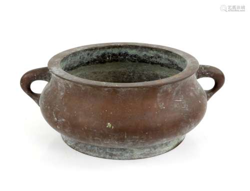 Chinese bronze censer, possibly 18th century, with twin-hand...