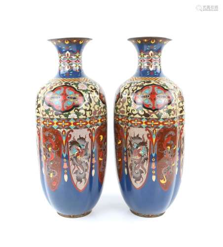 Pair of Chinese cloisonne vases of lobed form with alternati...