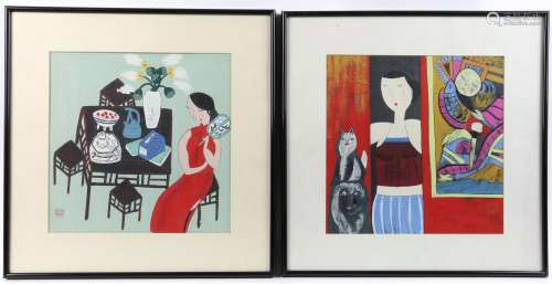 Set of six Contemporary Chinese paintings depicting a woman ...