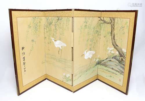 Japanese four-leaf screen painted with Great White Egrets, e...